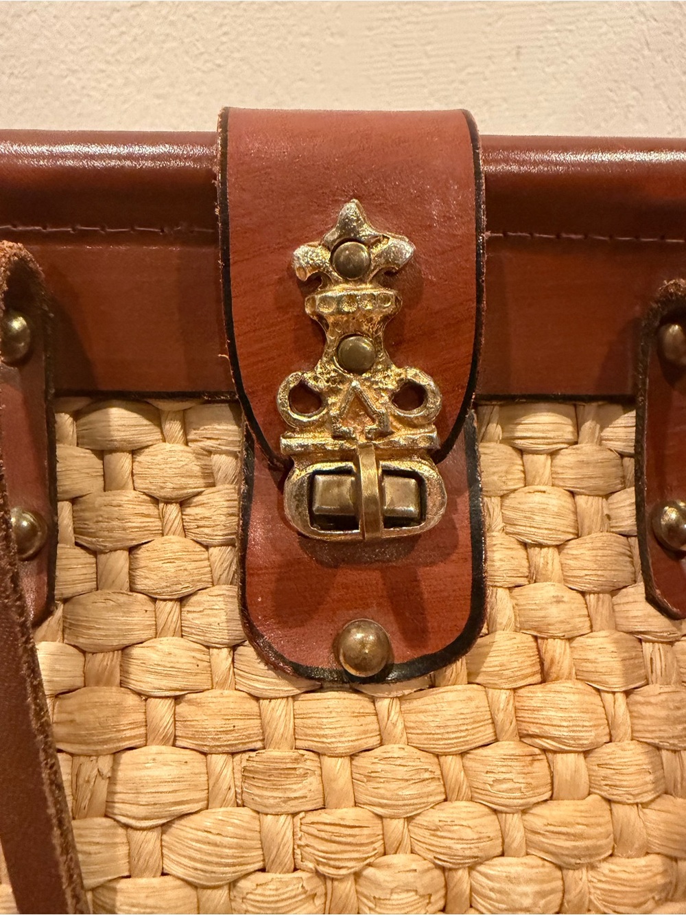 Burlington Woven Straw Tote with Brown Leather Trim and Gold Accent - Picture 4 of 6